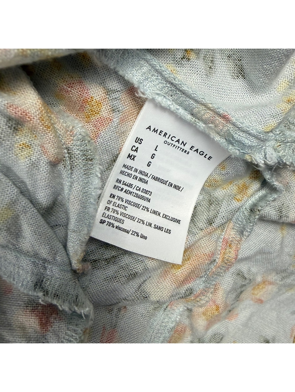 American Eagle Tiered Mini Dress Bodice Puff Sleeves Blue Peach Floral Large 705 - Picture 5 of 6